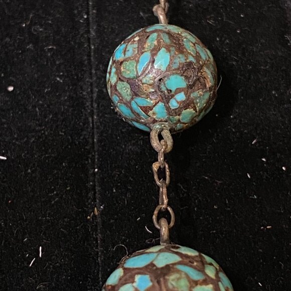 Vintage Turquoise Mosaic Beaded Necklace With Silver Tone Chain - Picture 3 of 6